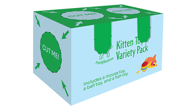 This image depicts a rectangular box in a three-quarters type 
			 of view.  
			 
			 On the front side are two green paws overlapping where
			 triangles containing the word, OPEN on them in a white, sans-serif font would 
			 normally be visible. Just
			 below that is Purfikation's logo, and to the right of it is the phrase Kitten
			 Toy Variety Pack. Both are partially covered by the green paw flaps.
			 
			 Towards the bottom of this font side is a block of text that says, Includes a mouse
			 toy, a ball toy, and a fish toy. 
			 
			 To the far right of it is an image depicting a mouse toy, a fish toy, and a ball 
			 toy clumped together. The background of this front side is a dull light blue.
			 
			 The rectangle on top has a green background. There are two, dull light blue circles 
			 with the green text CUT ME! in the middle, as well as a dotted black border surrounding
			 each circle. Each circle also has four, dull light blue, diagonally angled arrows
			 pointing towards them.
			 
			 The last visible side has a dull light blue background. There is one, green circle
			 with the dull light blue text CUT ME! in the middle, as well as a dotted black border surrounding
			 the circle. The circle also has four green diagonally angled arrows
			 pointing towards them.
